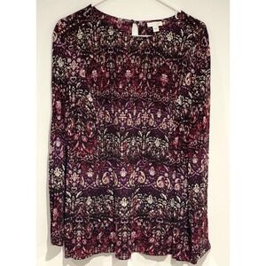 J Jill Women's Top Size Large Paisley Black Purple Tunic Keyhole Back LS